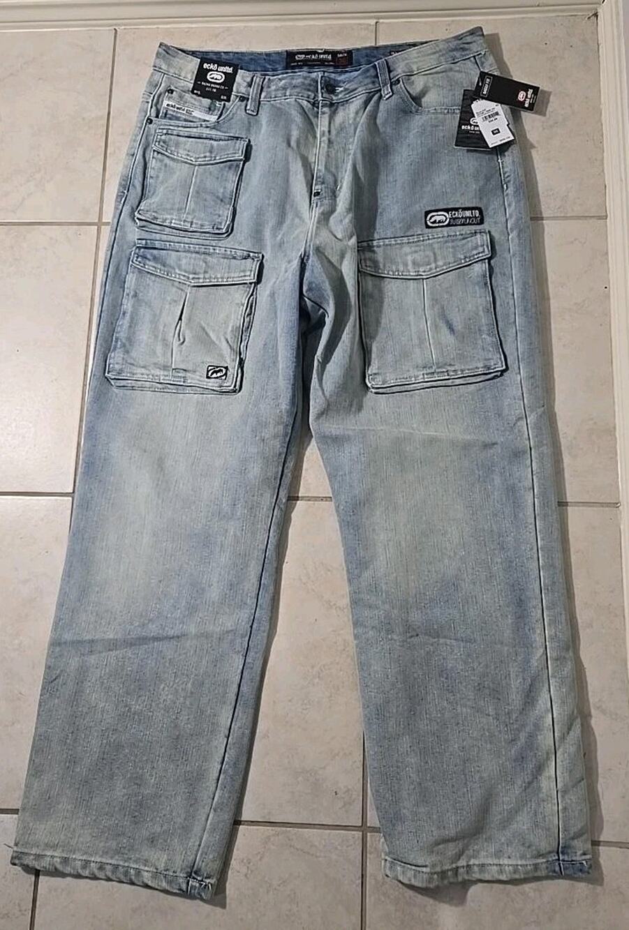 Ecko Unltd Mens 36 Baggy Fit Cargo Jeans Light Wash NWT Y2K Hip Hop #0278